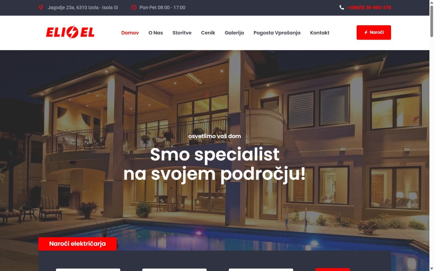 Dejanski prikaz spletne strani Elektroinstalacije.net z navigacijo in predstavitvijo storitev.